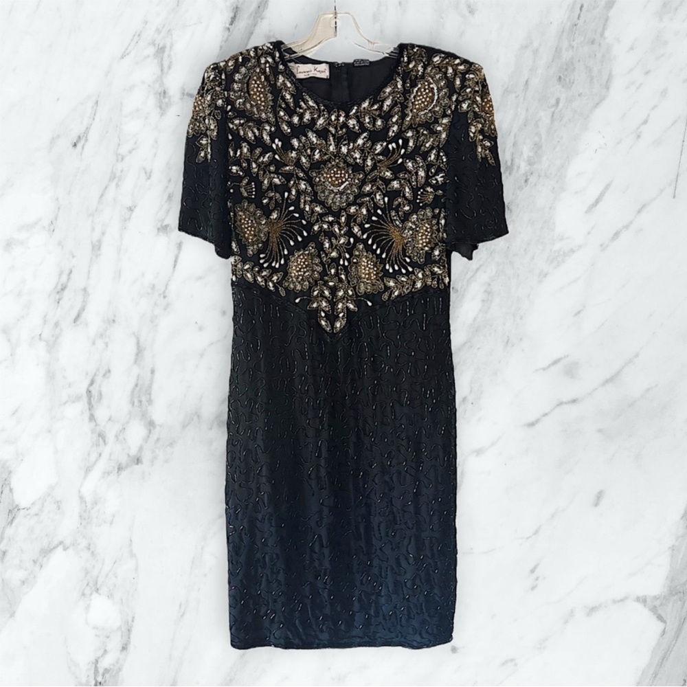 VINTAGE LAURENCE KAZAR 🌟 RARE FIND 🌟 80s Black & Gold & Pearl Beaded Party Dress